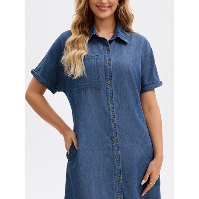 Женские платья INSPIRE CHIC Women's Midi Denim Summer Short Sleeve Button Down Casual Long Tunic Jean Shirt Dress X-Large Navy Blue — фото 4