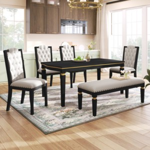 6-Piece Modern Dining Set with 60" Table, 4 Tufted High-Back Chairs & 1 Upholstered Bench, Wood Kitchen Table Set for Dining Room-Maison Boucle - 1 of 4