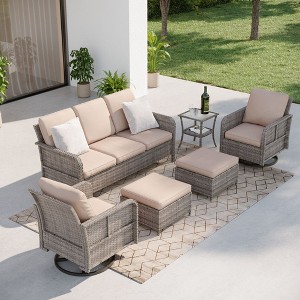 Sonkuki 6 Pieces Patio Sofa with Swivel Rocking Chairs Set, All-Weather PE Rattan Conversation Couch with Cushion - 1 of 4