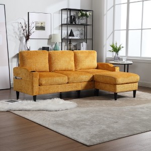 SeaCamel 3-Seat Solid Wood Chenille Sofa, Cup Holders & Storage Ottoman, Cozy Sectional for Living Room - 1 of 4