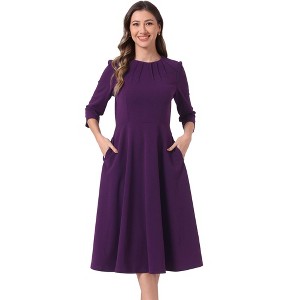INSPIRE CHIC Women's 3/4 Sleeve Pleated Round Neck Pockets A-Line Swing Work Midi Dress - 1 of 4