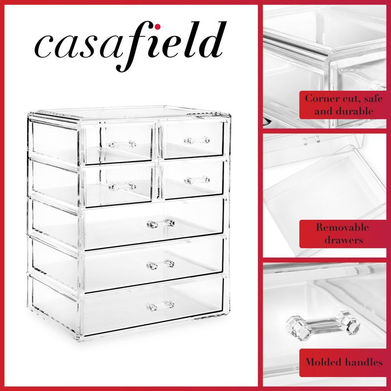 Casafield Makeup Storage Organizer, Clear Acrylic Cosmetic & Jewelry Organizer with 3 Large and 4 Small Drawers, 4 of 7
