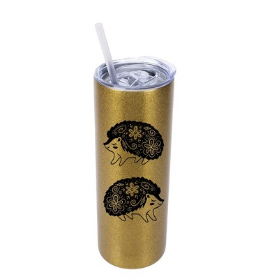 Elanze Designs Floral Hedgehog Couple 20 Ounce Double-Walled Stainless Steel Insulated Slim Travel Tumbler with Lid and Straw, Vegas Gold