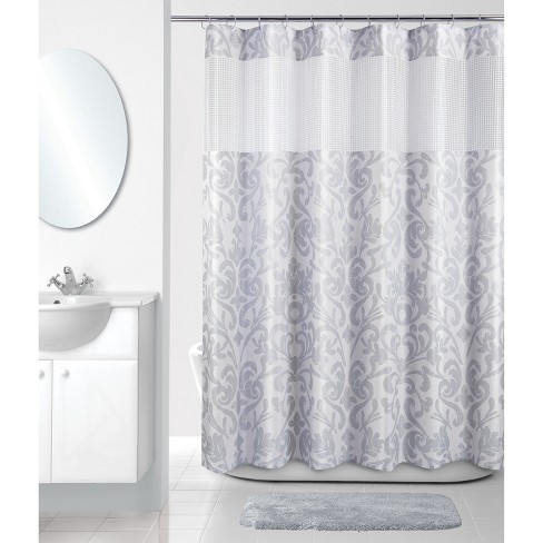 gray and white shower curtain hookless