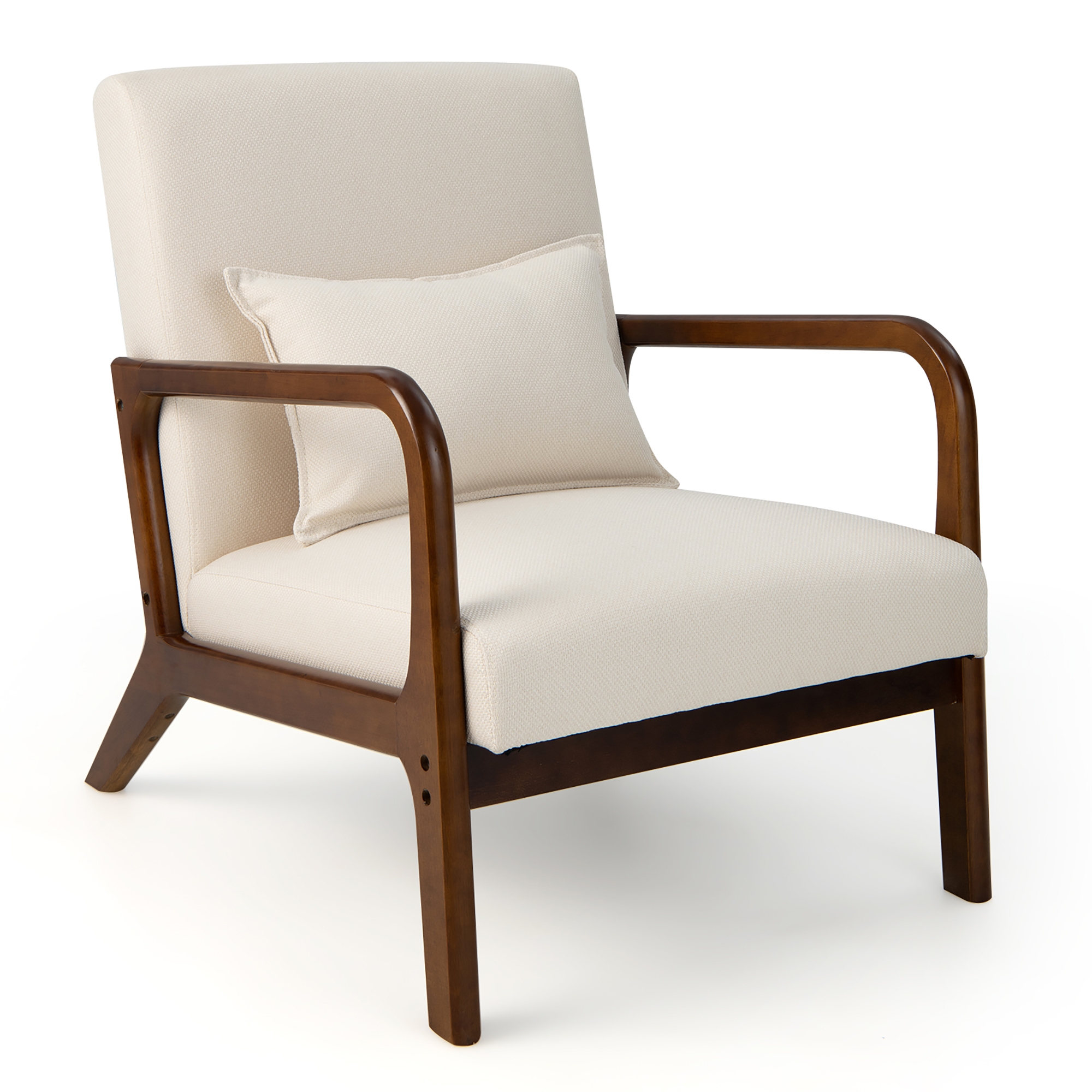 Costway Modern Accent Chair Leisure Armchair with Rubber Wood Frame & Lumbar Pillow Beige