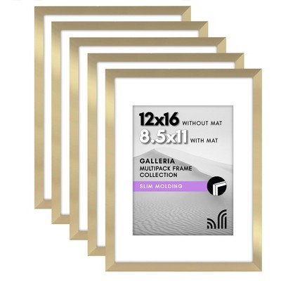 Americanflat 12x16 Picture Frame with Polished Plexiglass - Set of 5 - Use as 8.5x11 Frame with Mat or 12x16 Frame Without Mat - Gold
