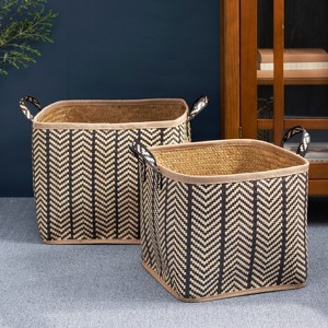 Gulches Square Palm Leaf Woven Wicker Storage Basket with Handles Set of 2£¬Black and Brown£¬ For Clothes, Books Storage, Picnic and Home Decoration - 1 of 4