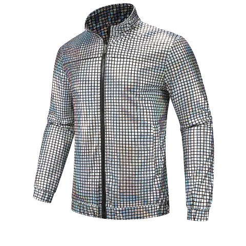 INSPIRE CHIC Holographic Jacket for Men's Metallic Long Sleeve Stand Collar Party Disco Shiny Jackets Silver Small