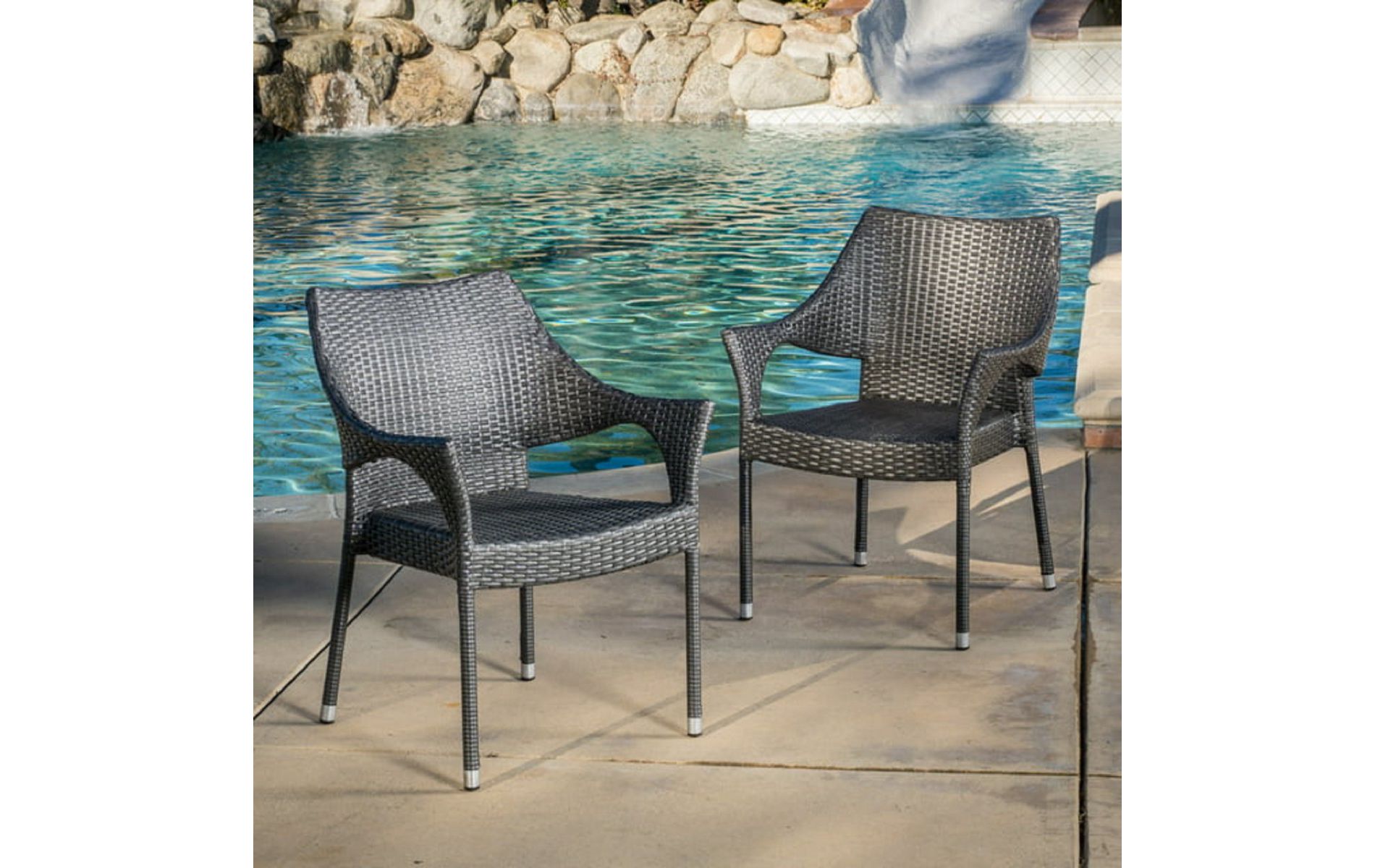 Set of 2 Stackable Wicker Patio Arm Chairs with Iron Frame, PE Rattan Weather Resistant Outdoor Armchairs for Garden Balcony-Coolbibila