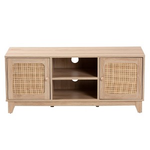 Elsbeth Wood and Natural Rattan 2 Door TV Stand for TVs up to 40" Light Brown/Natural Brown - Baxton Studio: - 1 of 4