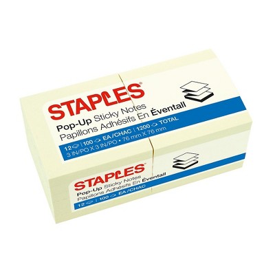 Staples Stickies Pop-Up Standard Notes 3" x 3" Yellow 100 Sh./Pad 12 Pads/PK 565438