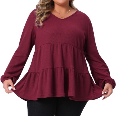Agnes Orinda Women's Plus Size Waffle Knit Ruffle Hem Tiered V Neck Long Sleeve Casual Flowy Peplum Blouse