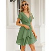 Womens Skater Dresses Sexy V Neck Short Sleeve Tie Waist Solid Ruffle Boho Flowy Swing Mini Dress - 3 of 4