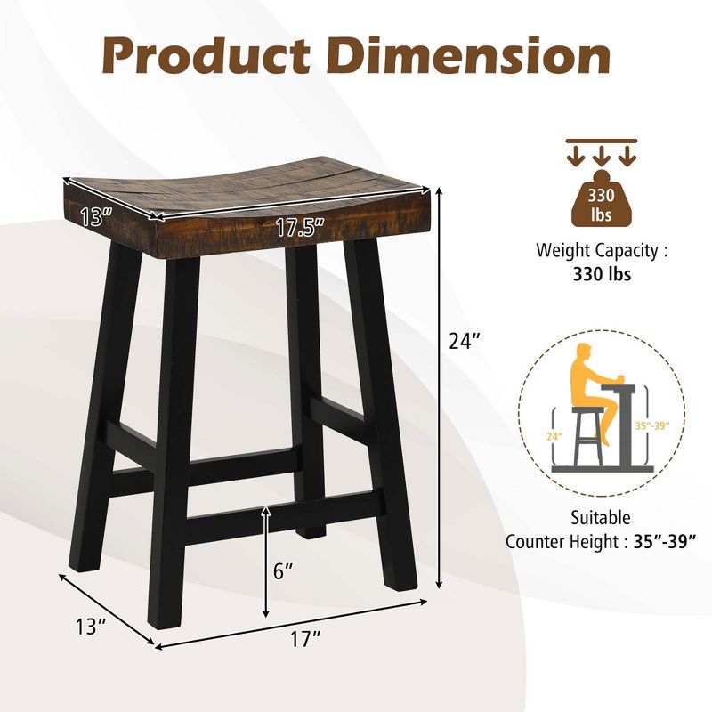 Costway 24" Bar Stool Set of 2 Counter Height Solid Wood Curved Saddle Seat Footrest, 3 of 10