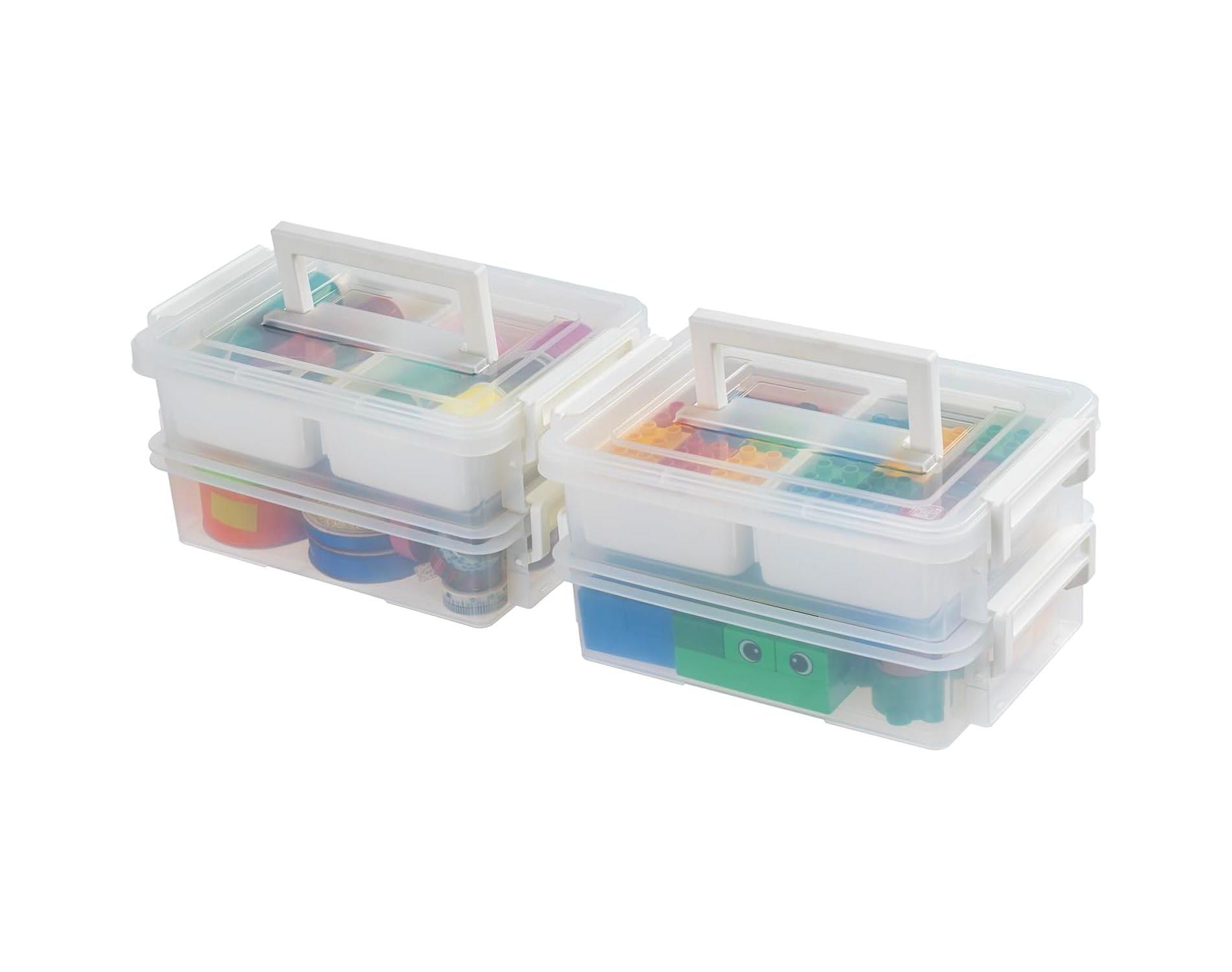 IRIS USA 1 Qt. Plastic Storage Bin with Lid, White, Stackable Craft and Sensory Organizer for Home or Office, 2 Pack
