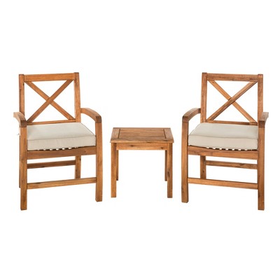 3pc Acacia Wood Patio Chairs and Side Table with Cross Design Brown - Saracina Home