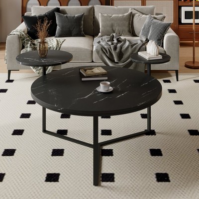 LOVMOR Modern coffee table with two display shelves, Black Faux marble surfaces, Tripod-inspired base,Rounded tabletop edges