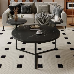 LOVMOR Modern coffee table with two display shelves, Black Faux marble surfaces, Tripod-inspired base,Rounded tabletop edges - 1 of 4