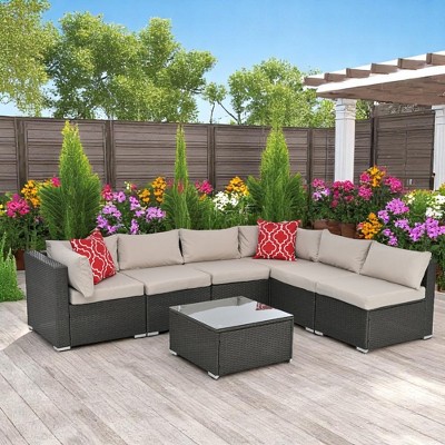 7-Piece Patio Furniture Set with PE Wicker, Tempered Glass Table, Cushions, and Pillows for Outdoor Spaces
