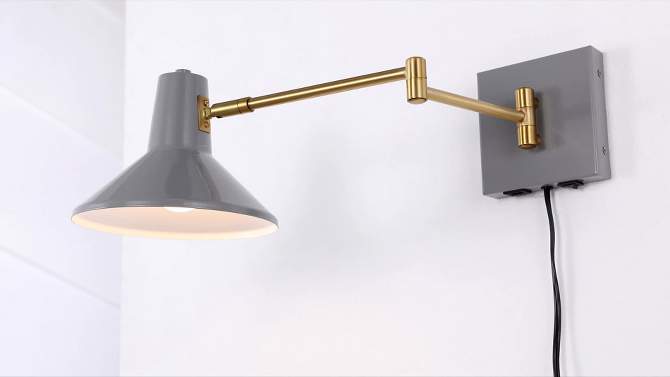 16&#34; 1-Light Hygge Swing Arm Mid-Century Iron USB Charging Port Sconce Gray/Brass - JONATHAN Y, 2 of 8, play video