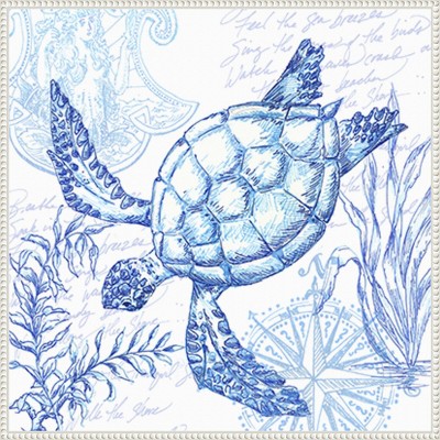Coastal Sketchbook Turtle Blue and White Canvas Print with Floater Frame