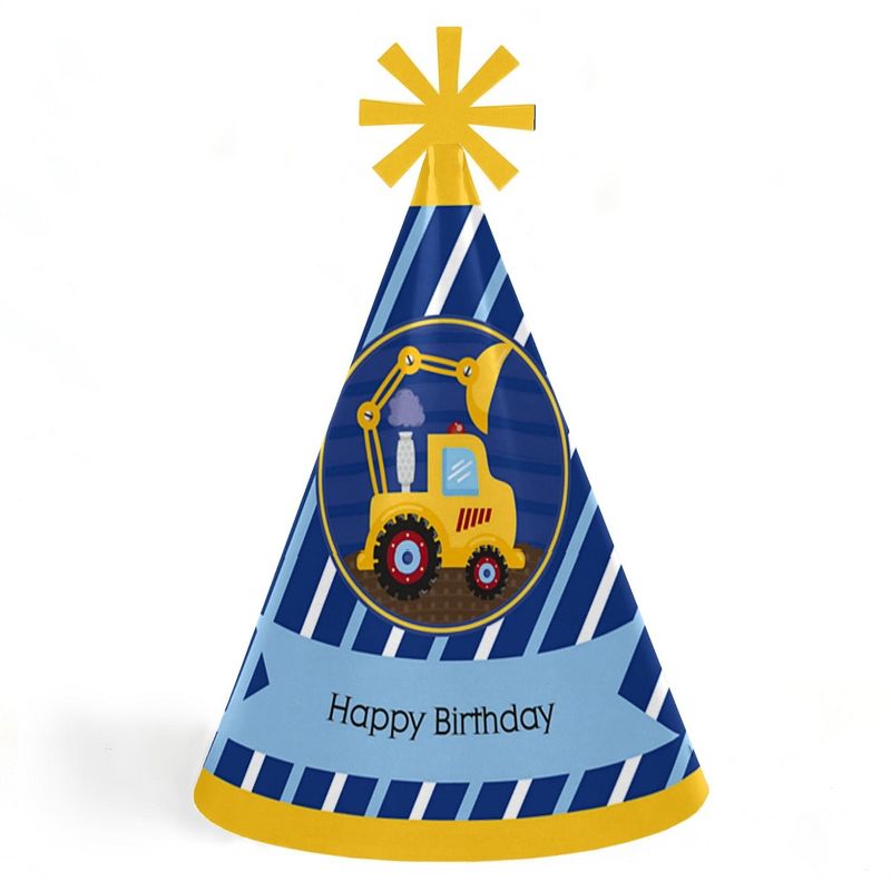 Big Dot of Happiness Construction Truck - Cone Happy Birthday Party Hats for Kids and Adults - Set of 8 (Standard Size), 1 of 8