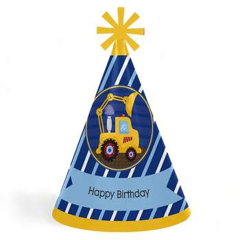 Big Dot of Happiness Construction Truck - Cone Happy Birthday Party Hats for Kids and Adults - Set of 8 (Standard Size)
