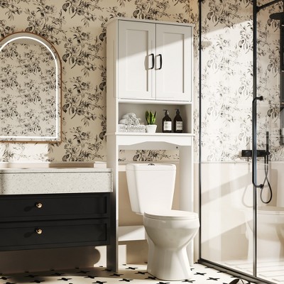 LOVMOR Over The Toilet Storage Cabinet with Adjustable Shelf and Double Doors, Free Standing Bathroom Cabinets Organizer Toilet Rack for Restroom