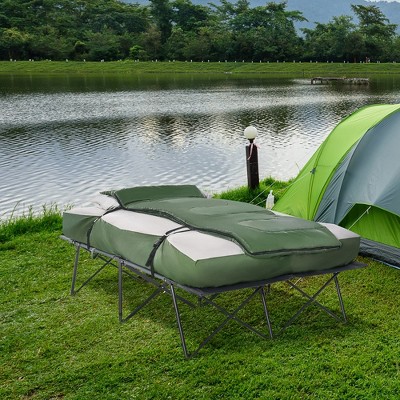 Outsunny Green 2-Person Folding Camping Cot with Air Mattress and Pillows