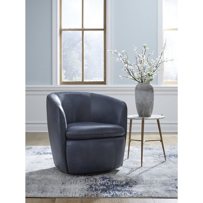 Blue Leather Barrel Back Swivel Chair
