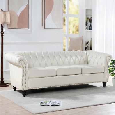 VYNXARIA 84.65 inch Rolled Arm Chesterfield 3 Seater Sofa,White + PU