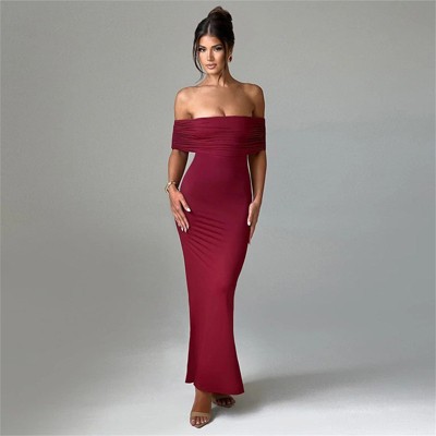 Clotth Women's Off-Shoulder Maxi Dress - Off The Shoulder Ruched Neckline, Backless Cutout, Bodycon Maxi Dress