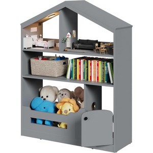 Acekool 3-Tier Kids Bookshelf with Motion Sensor Light, Toy Storage Organizer, Wooden House-Shaped Book Rack for Bedroom or Playroom, 47.2" Tall - 1 of 4