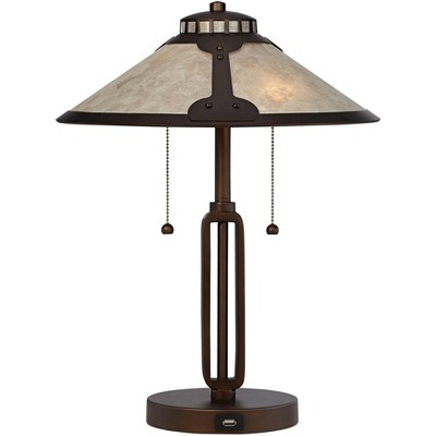 Franklin Iron Works Mission Desk Table Lamp with Hotel Style USB Charging Port Industrial Rubbed Bronze Natural Mica Shade for Bedroom Office