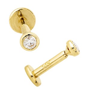 Jewelry Avalanche Unisex 14K Gold Bezel Set 2mm Moissanite Labret Studs, Monroe, Lip Ring, 16G - 1 of 4