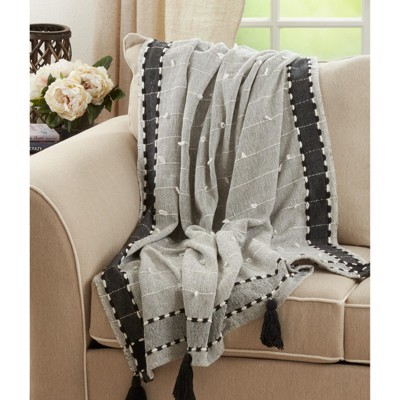Black and White Cotton Acrylic Banded Border Tassel Throw Blanket
