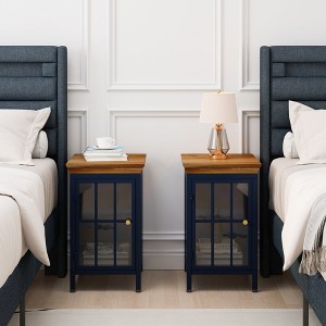 2 Set Nightstand with Storage Cabinet Solid Wood Tabletop - 1 of 4
