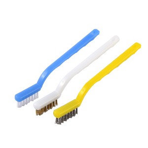 Unique Bargains Home Plastic Handle Brass Wire Cleaning Tooth Brush 3 Pcs Blue/White/Yellow - 1 of 4
