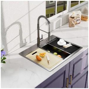 Gulches 32"x22" Gunmetal Black Workstation Kitchen Sink, 18 Gauge 304 Stainless Steel, with Black Spray Neck Faucet - 1 of 4