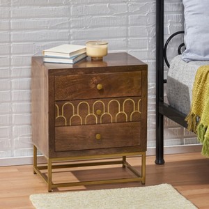 VYNXARIA Three-Drawer Nightstand - A Fusion of Modern and Mid-Century Style with Gold Fish Scale Design, Ample Storage Space, Brown - 1 of 4
