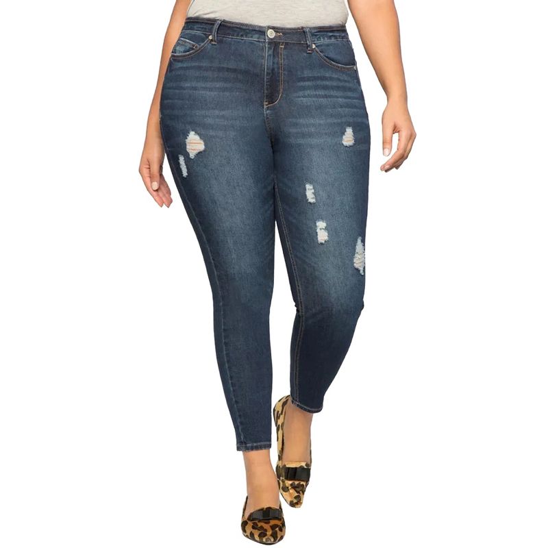 ELOQUII Women's Plus Size Tall Classic Fit Peach Lift Distressed Skinny Jean, 1 of 2