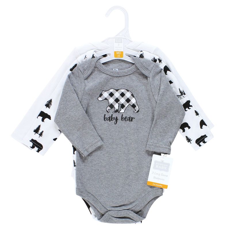 Hudson Baby Infant Boy Cotton Long-Sleeve Bodysuits, Baby Bear Gray Black 3-Pack, 3 of 7