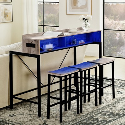 59" 4-Piece Bar Table and Chairs Set, Dining Table with 3 Bar Stools Breakfast Table Set with Power Socket LED Light