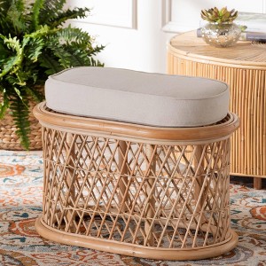 bali & pari Ladonna Natural Rattan Ottoman Footstool Natural: Upholstered Indoor Bench, Oval Shape, No Assembly Required - 1 of 4