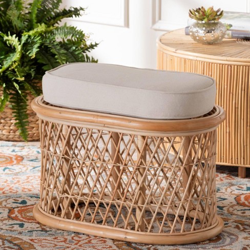 Bali Pari Ladonna Natural Rattan Ottoman Footstool Natural Upholstered Indoor Bench Oval Shape No Assembly Required Target