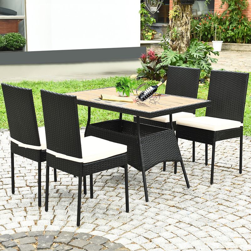 Costway 5 PCS Patio Rattan Furniture Set Wood Top Table Cushioned Chairs Garden Yard Deck, 3 of 11