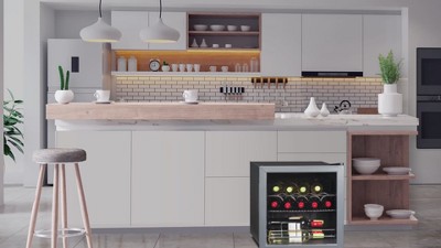 Black Freestanding 14-Bottle Wine Fridge with Chrome Shelving