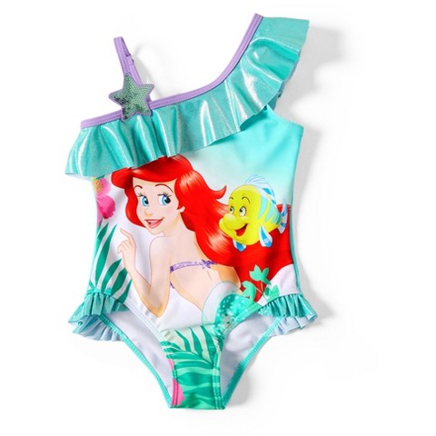 Disney Princess Girls 2 Piece Bikinis Sets Cartoon Print Swimwear Sets with Ruffled Top Orange Bating Suits (Green, 4-5 Years)