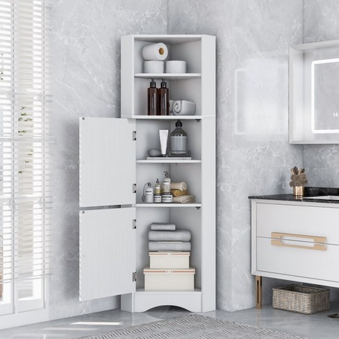 Freestanding Tall Bathroom Corner Cabinet with Doors and Adjustable Shelves