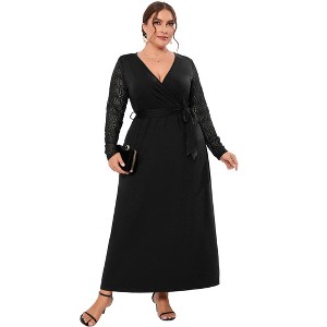 Womens Plus Size Lace Long Sleeve Maxi Dress with Belt Criss Cross Neck Casual Long Dress - 1 of 4